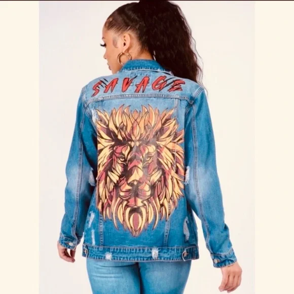 JACKET: “SAVAGE “ Lion Print Button-Down Denim Jean, EUC - Picture 7 of 7